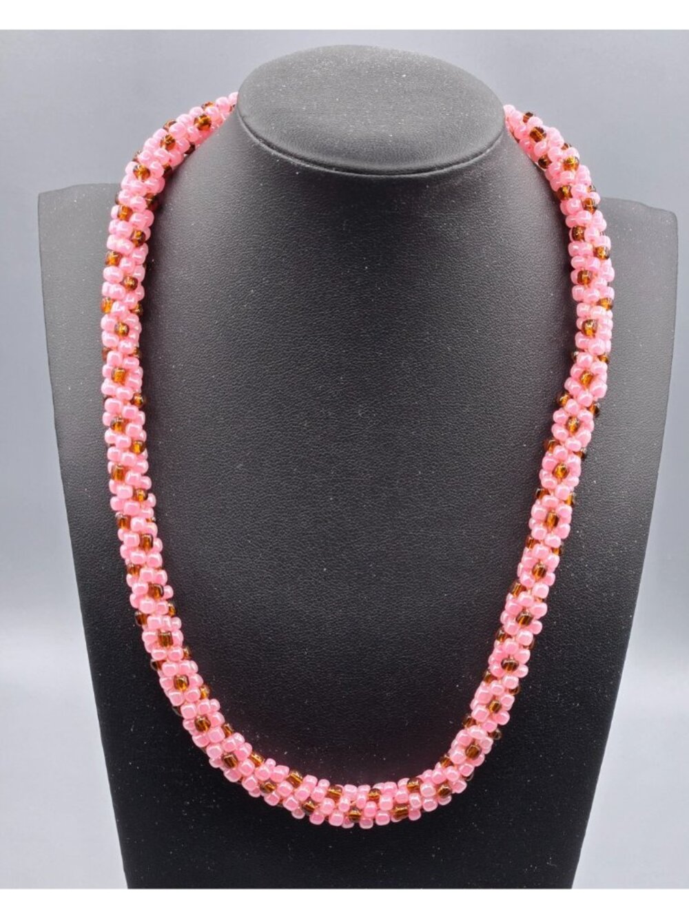 Large Pink and Brown Seed Bead Kumihimo Necklace with Gold Tone Hook Clasp 19 in - Picture 2 of 4